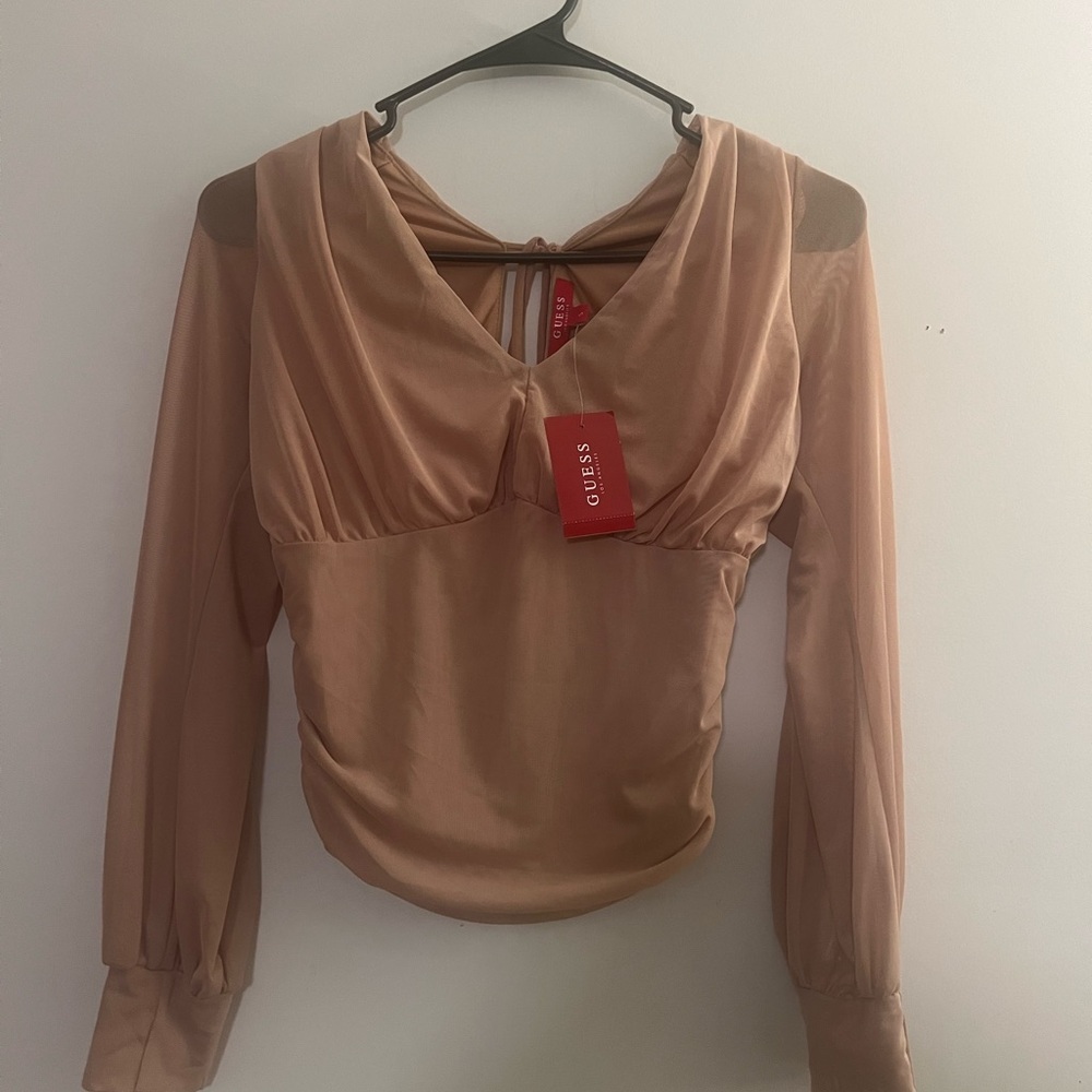 Guess Women's Long Sleeve LUX Mesh Blouse in Dark Nude size Small - Brand New